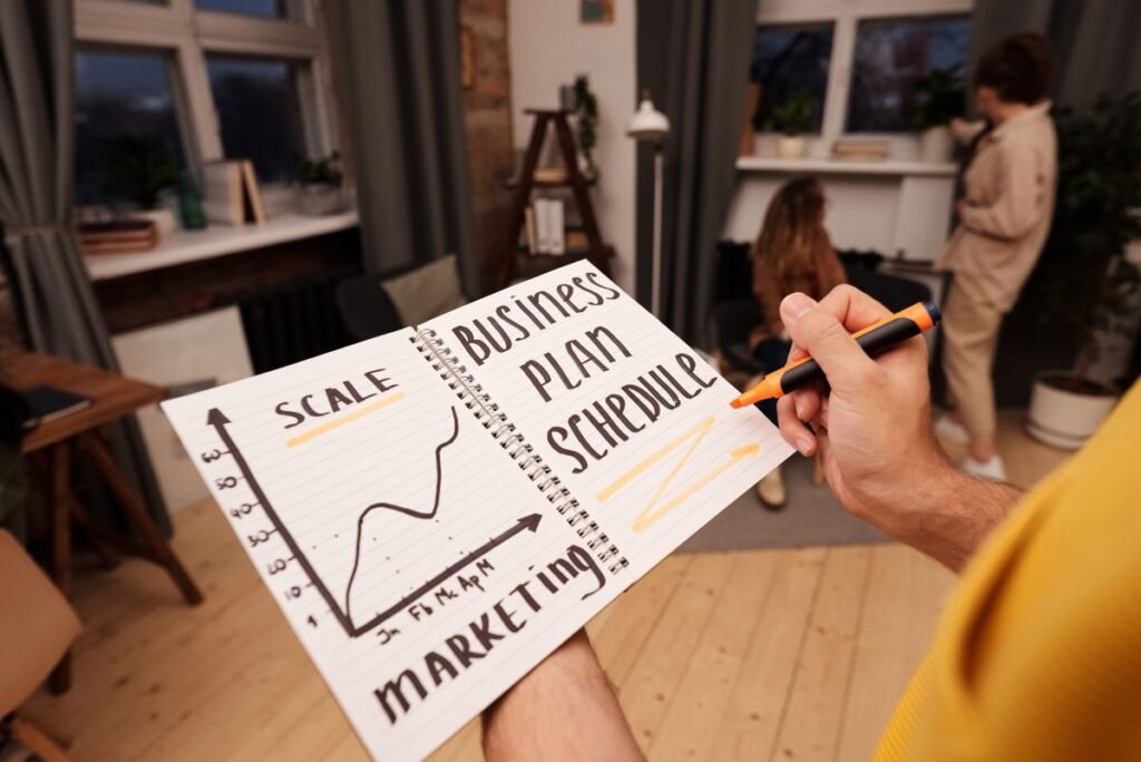 A business plan sketched in a notebook